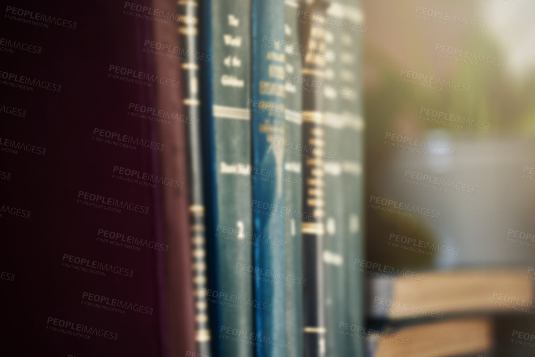 Buy stock photo Education, learning and books on a shelf for knowledge, law and college studying. Library, scholarship and a bookshelf at a school or university with a vintage catalog of books for academic research