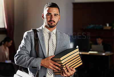 Buy stock photo Legal books, serious portrait or man research law firm, office management or justice learning study. Financial advisor, knowledge or lawyer focus, Portugal government consultant or attorney education