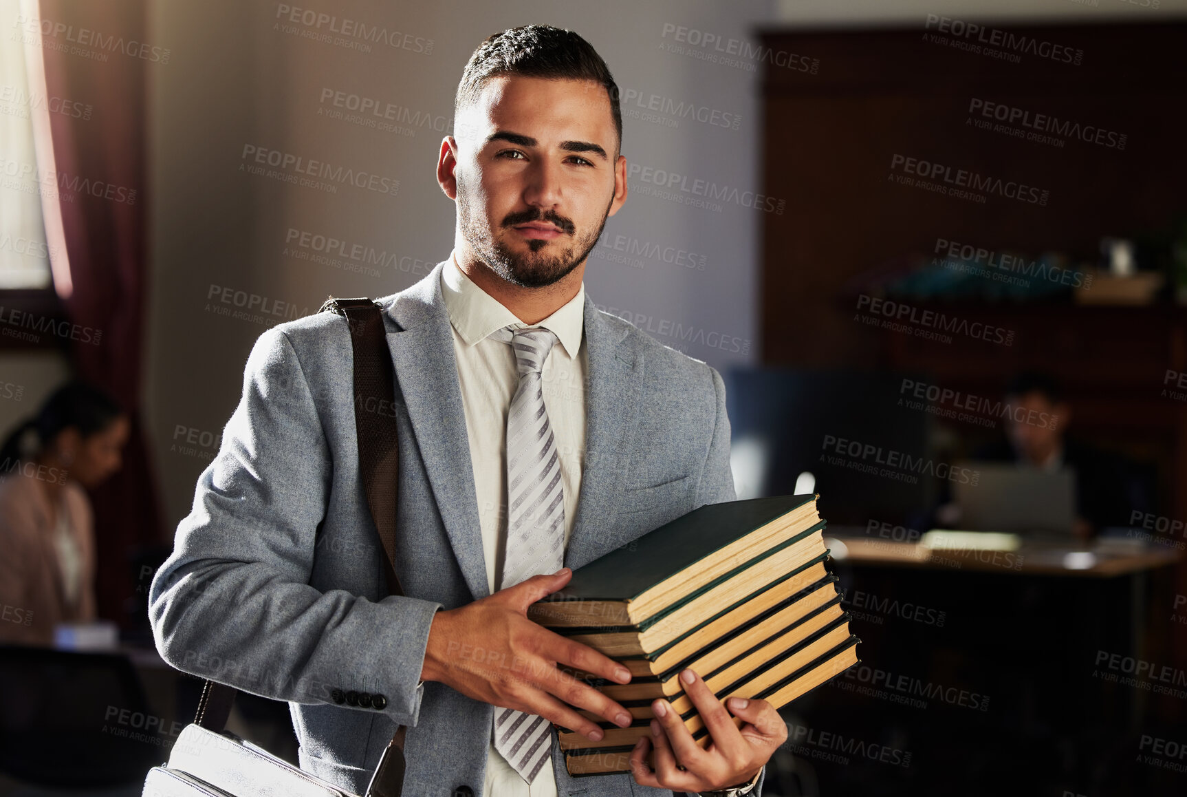 Buy stock photo Legal books, serious portrait or man research law firm, office management or justice learning study. Financial advisor, knowledge or lawyer focus, Portugal government consultant or attorney education