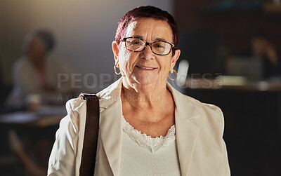 Buy stock photo Senior woman, portrait and judge smile in court ready for management on law case. Elderly leader, business and corporate lawyer with blurred background with company mission and success vision  