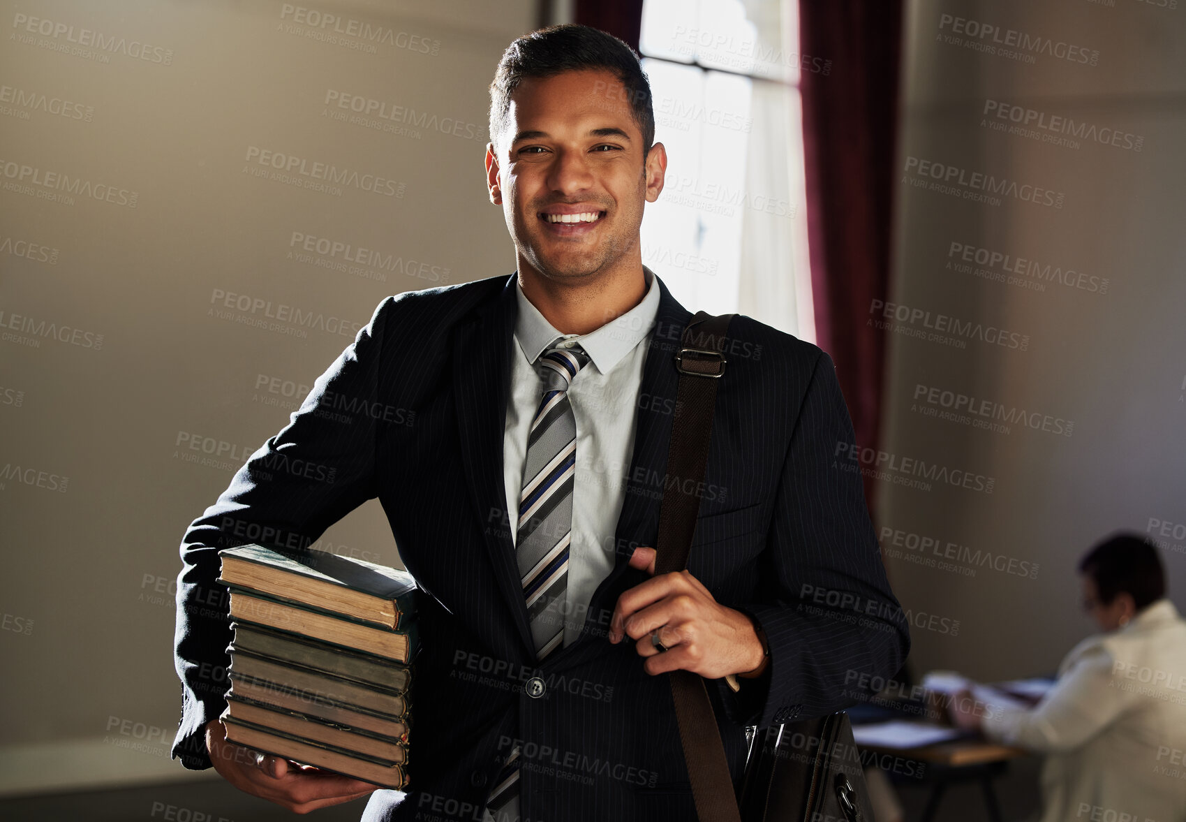 Buy stock photo Legal books, portrait smile and lawyer research law firm, happy office management or justice learning study. Financial advisor, knowledge and Mexico government man, consultant or attorney education