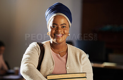 Buy stock photo Legal books, happy portrait and lawyer research law firm, office management or justice study. Financial advisor, knowledge and black woman smile, African government consultant or attorney education