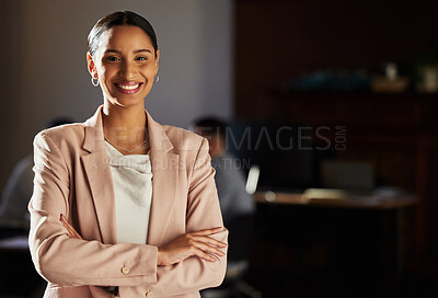 Buy stock photo Business woman, portrait and lawyer at a law firm feeling proud of corporate vision. Happiness, smile and employee growth of an Indian person with mock up with professional mindset and success 