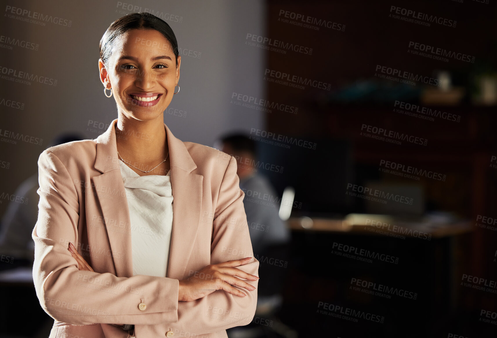 Buy stock photo Business woman, portrait and lawyer at a law firm feeling proud of corporate vision. Happiness, smile and employee growth of an Indian person with mock up with professional mindset and success 