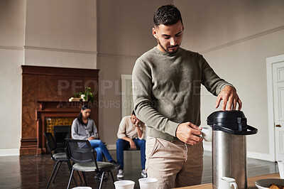 Buy stock photo Mental health, therapy and coffee with man in support group for counseling, advice and communication. Healing, addiction and depression with patient in meeting for anxiety, grief and problems