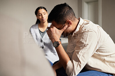 Buy stock photo Sad group in therapy and man crying with depression, AA and addiction in an emotional meeting together for hope. Unity, trust and sharing mental health stories sitting in a circle  for healing