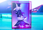Futuristic, statue and 3d design in a cube for gaming, fun and presentation. Creative neon, digital and graphic pattern displayed in a case for creativity, puzzle and gamer art entertainment