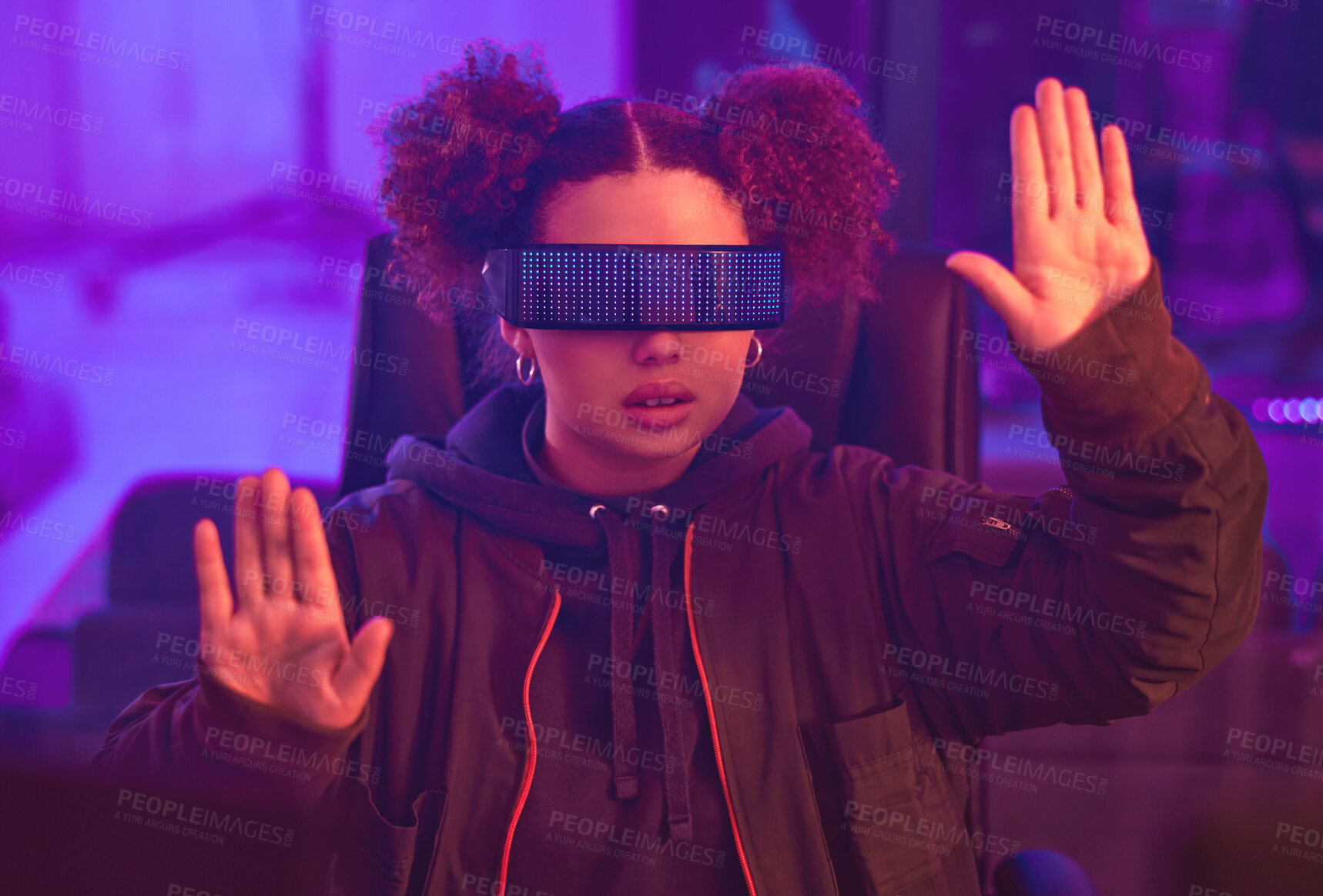 Buy stock photo Virtual reality glasses, hands and black woman in metaverse for futuristic gaming in purple room. Gamer person with ar tech for 3d, vr and cyber world experience streaming online digital fantasy game