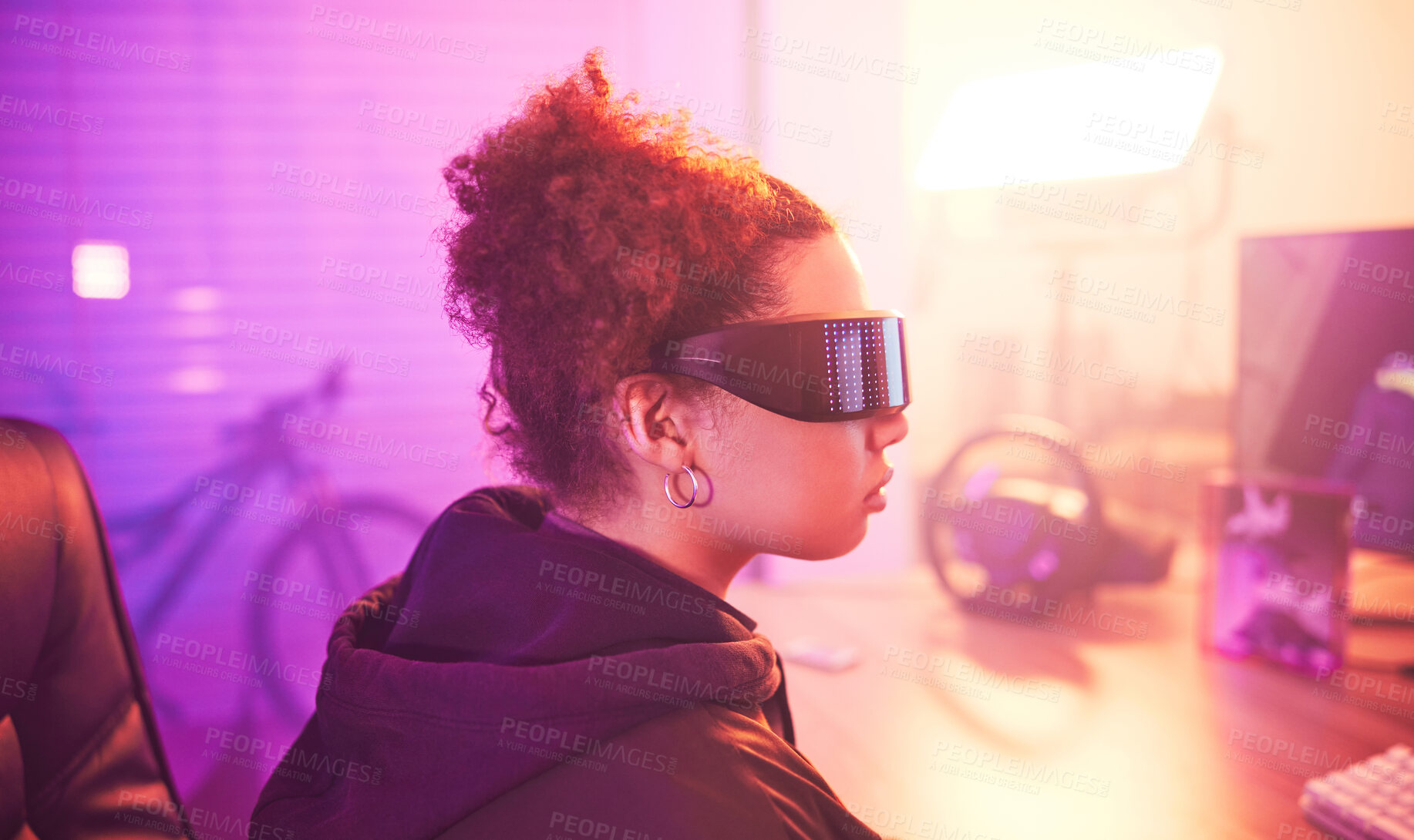 Buy stock photo Metaverse, virtual reality glasses and woman gamer for futuristic gaming in purple room. Cyberpunk person with ar tech for 3d, vr and cyber world experience streaming online digital fantasy game