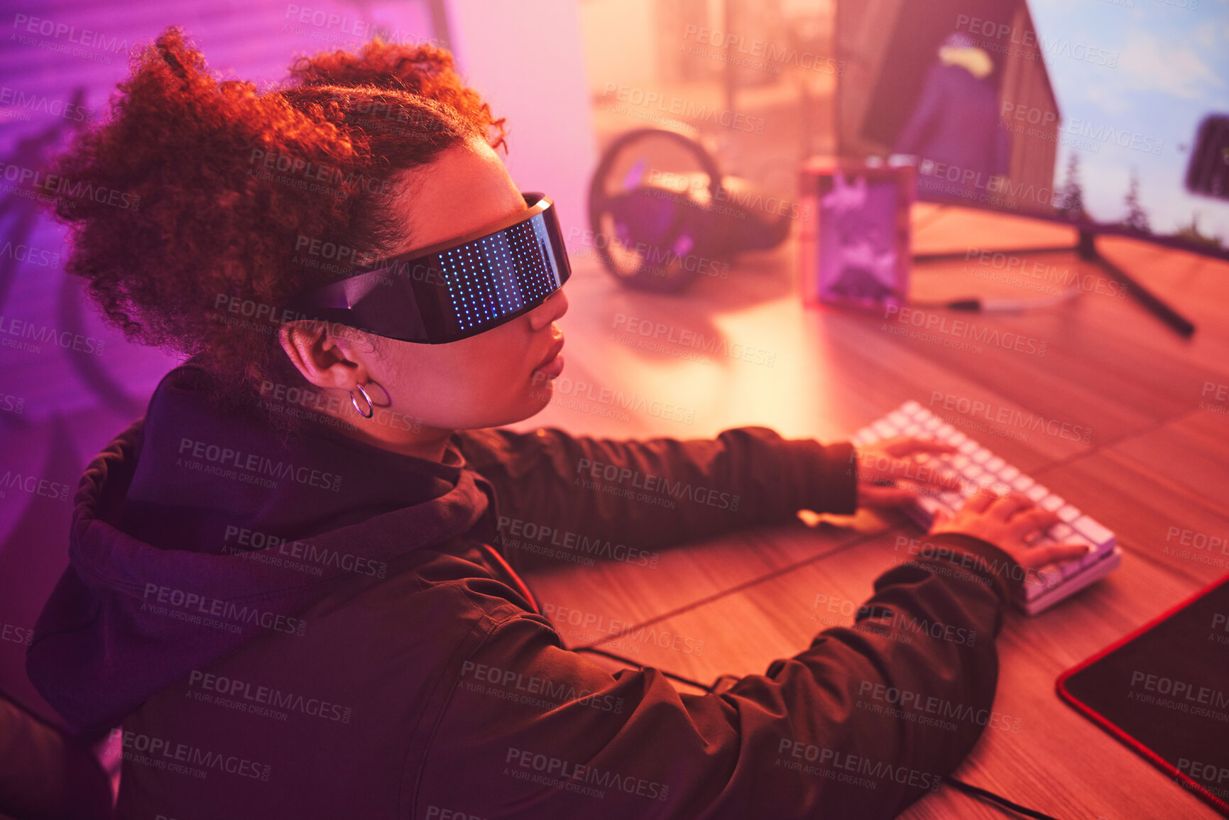 Buy stock photo Hacker, cyber security and programming with black woman typing for coding, software and phishing. Neon, night and network with girl programmer at desk for ransomware, technology and developer