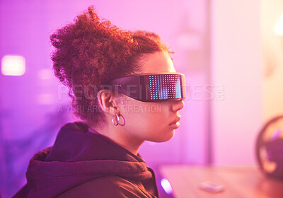 Buy stock photo Metaverse, virtual reality and girl for gaming innovation, vr media and neon lighting at night. Female gamer, cyberspace technology and glasses for 3D experience, digital fantasy and gen z video game