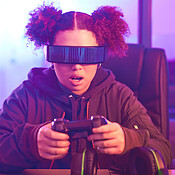 Night Virtual Reality And Gaming Girl With Joystick Innovation And Vr 