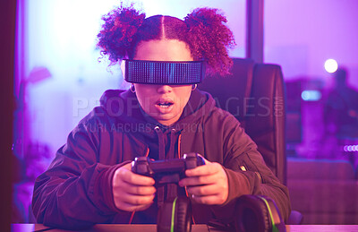 Buy stock photo Night, virtual reality and gaming girl with joystick, innovation and vr metaverse in neon lighting. Female gamer, cyberspace tech and glasses for 3D experience, digital AR fantasy and gen z esports