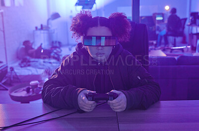 Buy stock photo Virtual reality glasses, metaverse and woman gamer with controller for futuristic gaming in neon room. Person with ar tech for 3d, vr and cyber world experience streaming online digital fantasy game