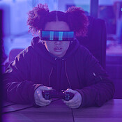 Night Virtual Reality And Gamer Girl With Simulation Innovation And 