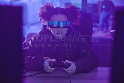Buy stock photo Night, virtual reality and gamer girl with simulation, innovation and vr metaverse in neon lighting. Female gaming, cyberspace tech and glasses for 3D experience, digital AR fantasy and gen z esports