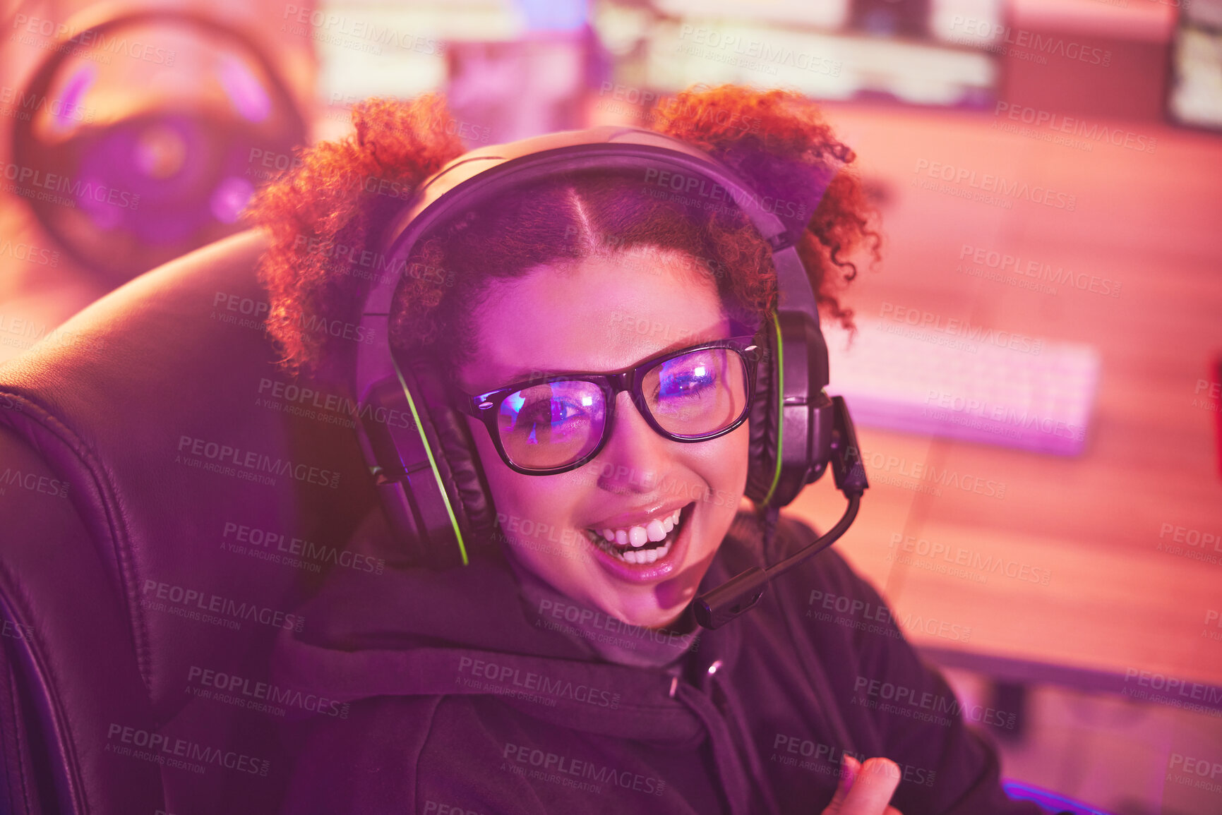 Buy stock photo Happy streamer portrait, video game and girl with headphones in home of esports, online games or virtual media. Excited young female, gamer and gaming on headset in neon lighting, gen z or technology