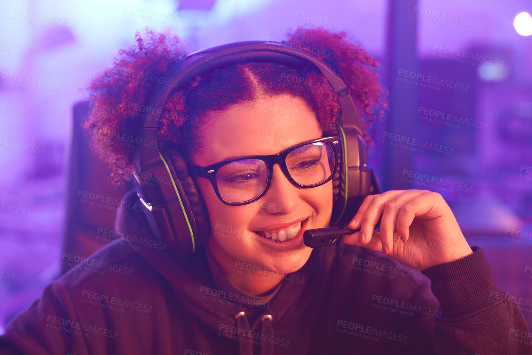 Buy stock photo Happy gamer, teenager girl and headphones in home for esports, online games or virtual competition. Female streamer, computer live streaming and gaming for smile in neon lighting, night tech or gen z