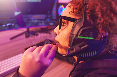 Buy stock photo Video game, girl and talking on headphones in home for esports, online games and virtual competition. Female gamer, computer live streaming and gaming in neon lighting, technology and gen z streamer