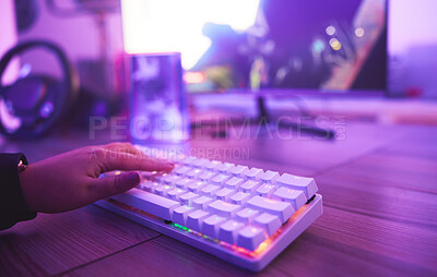 Buy stock photo PC keyboard, gaming and hand for video game, online streaming and gamer room in neon light. Woman or person hands typing or press keys on gamer electronics, computer technology and rgb lights closeup