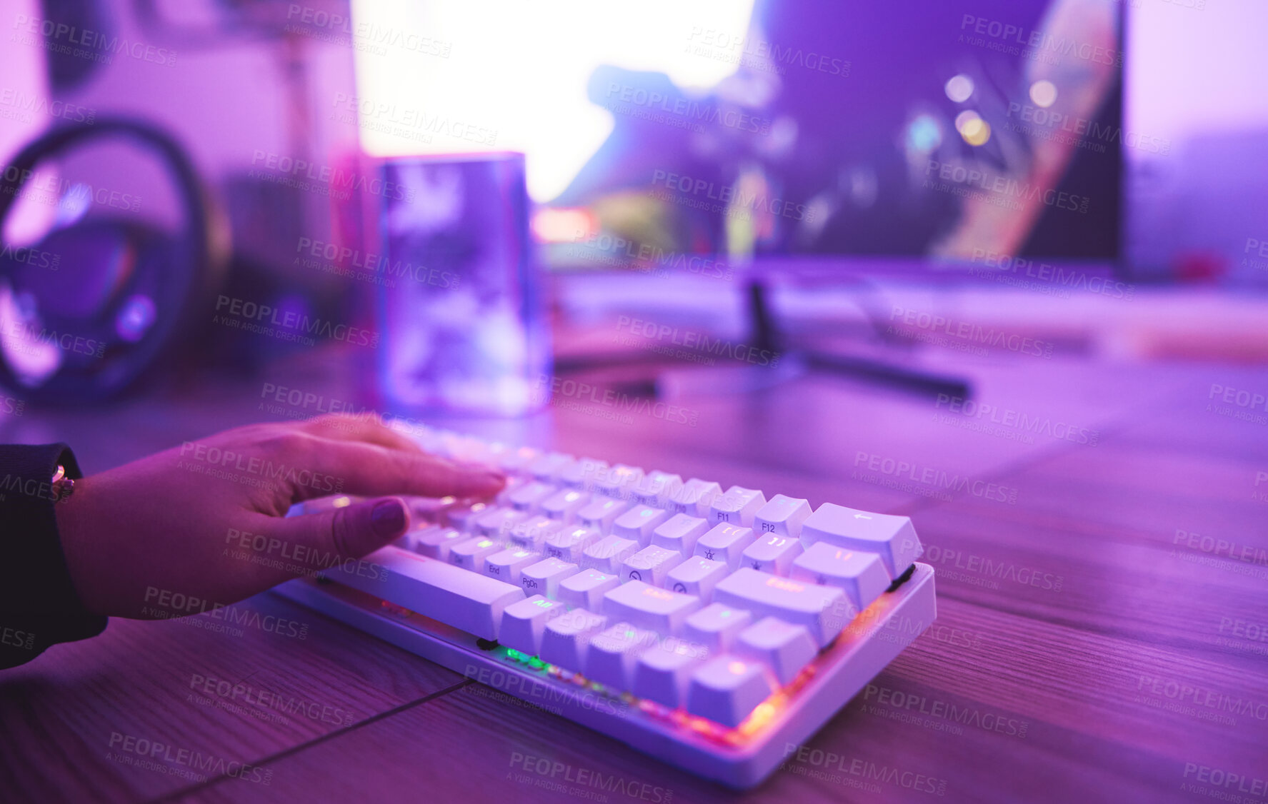 Buy stock photo PC keyboard, gaming and hand for video game, online streaming and gamer room in neon light. Woman or person hands typing or press keys on gamer electronics, computer technology and rgb lights closeup