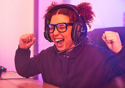 Buy stock photo Winner, streamer or woman gamer success on computer with microphone celebrating game win or fist bump. Happy or esport girl player celebration for online competition, gaming progress or achievement