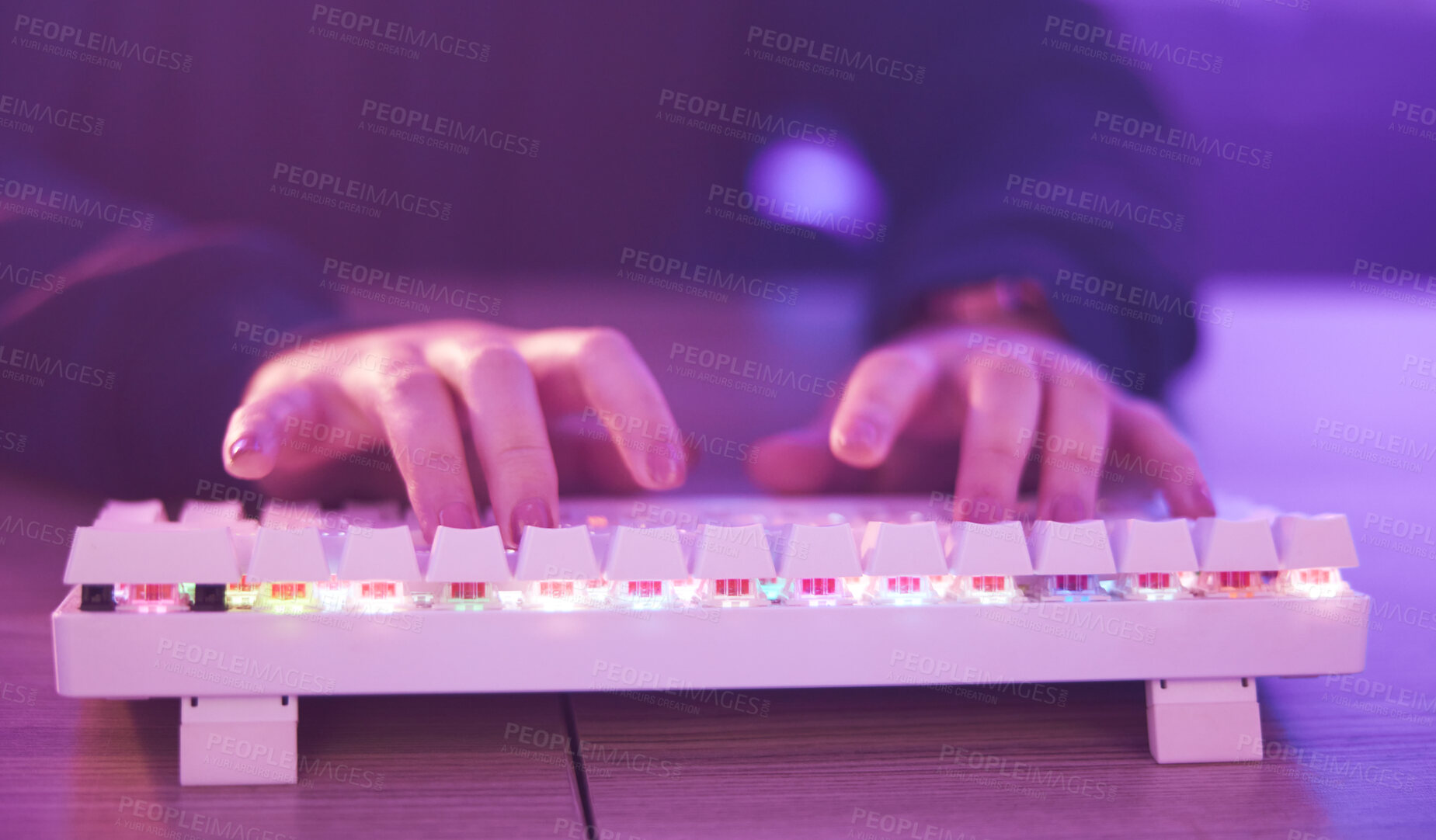 Buy stock photo Gaming, keyboard and hands of a person typing for the internet, connection and communication. Cyber, email and gamer with technology for an online competition, game and challenge while streaming