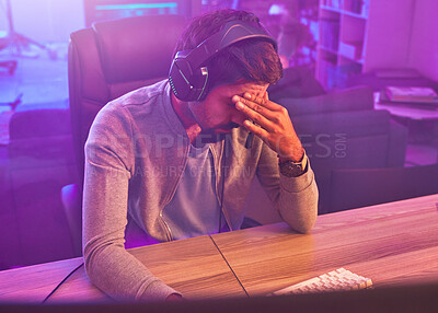 Buy stock photo Stress, gamer or man with headache from loss, fail or online competition tournament anxiety in room. Neon, sad or depression male for gaming mental health, live stream disappointment or esport glitch