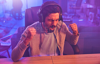 Buy stock photo Winner, wow or man gamer success fist with microphone celebrating game win and motivation. Happy, cheering or esport player celebration for online competition, excited with progress and achievement
