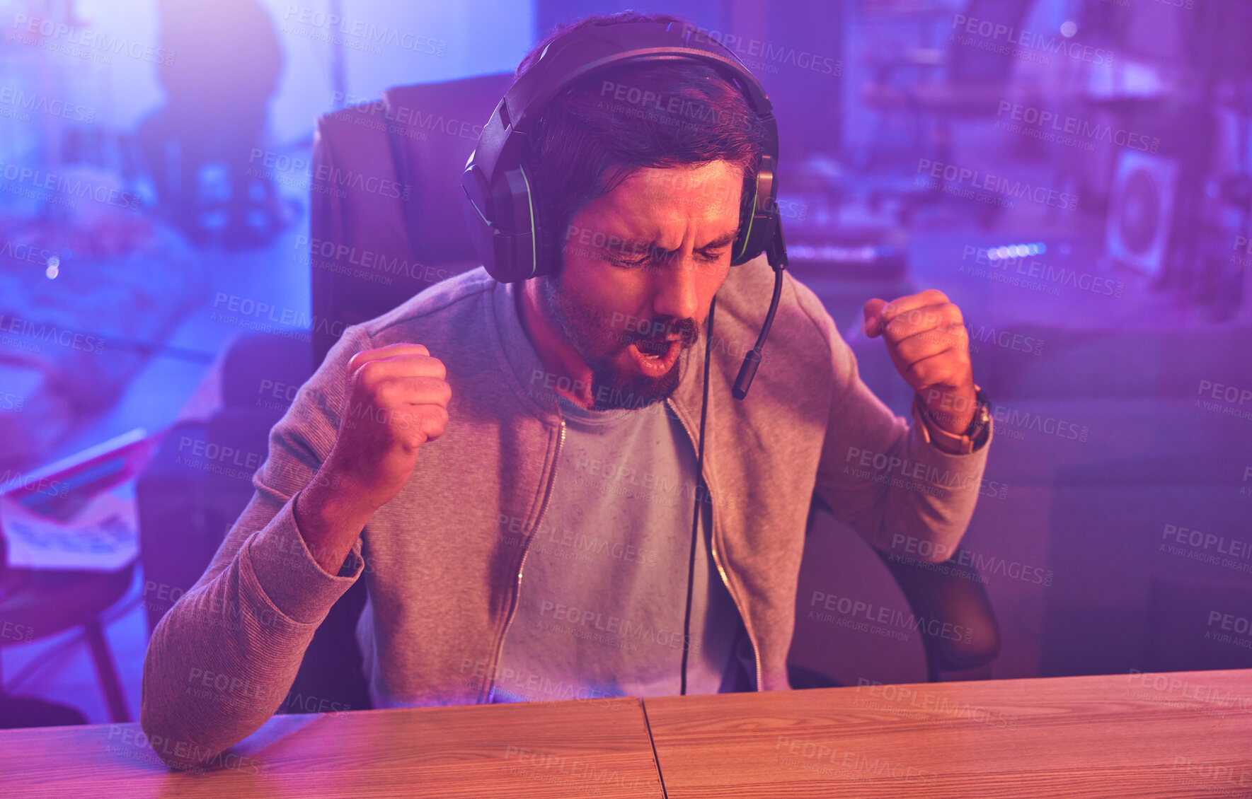 Buy stock photo Winner, wow or man gamer success fist with microphone celebrating game win and motivation. Happy, cheering or esport player celebration for online competition, excited with progress and achievement