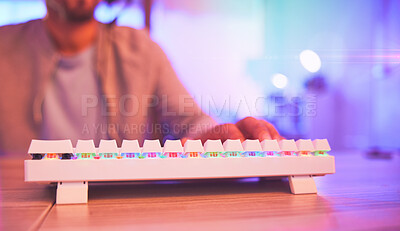 Buy stock photo Keyboard, pc gamer and man hands in gaming neon room, futuristic workspace or fast coding software developer. Typing, cyberpunk and online streamer on esports video game for information technology