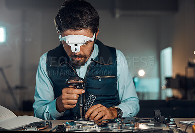 Buy stock photo Technician, engineer and IT professional repair motherboard, microcircuit or electronic device in a workshop or shop. Person, man and guy fixing hardware of a computer for technology in a lab