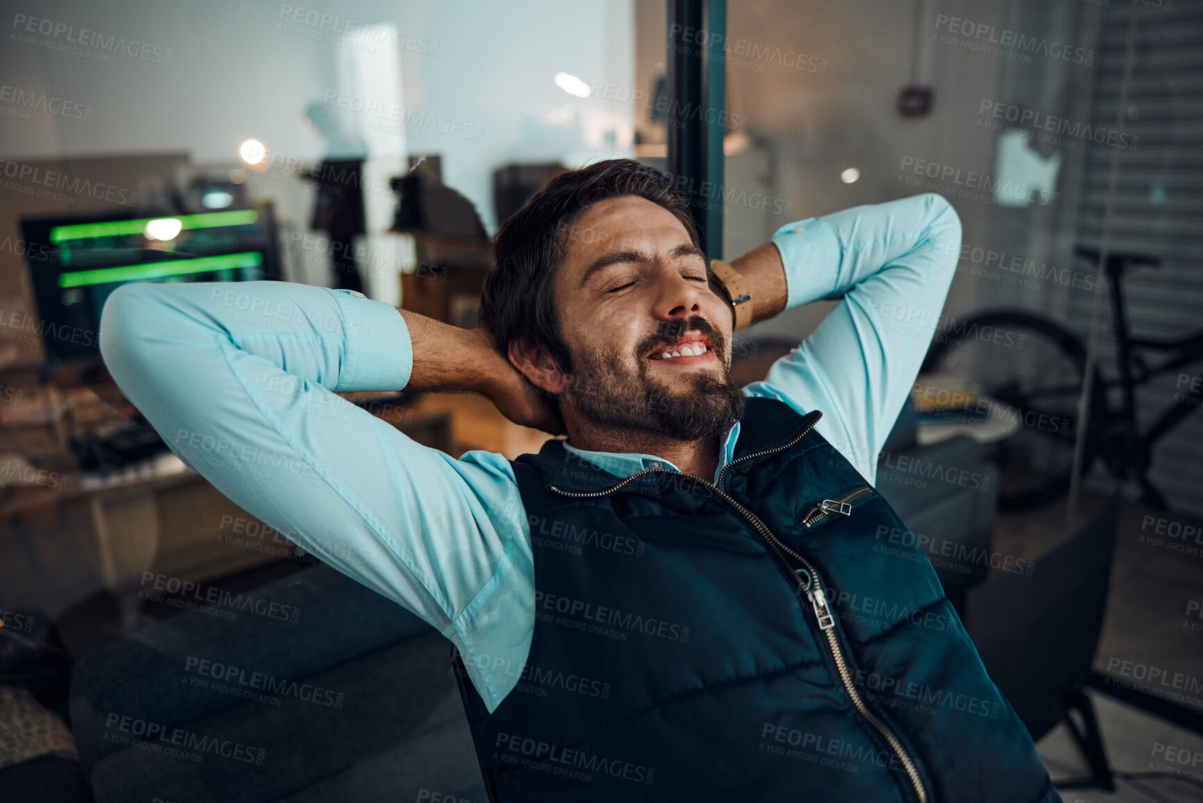 Buy stock photo Business man, relax or productivity success at home office with hand on head for achievement, thinking about goals or target. Happy, smile or entrepreneur on chair for break or peace for work done