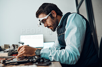 Buy stock photo IT man, technician or magnifying glasses in motherboard fix, engineering workshop or database update. Worker, CPU or circuit board in repair, maintenance or software upgrade in information technology