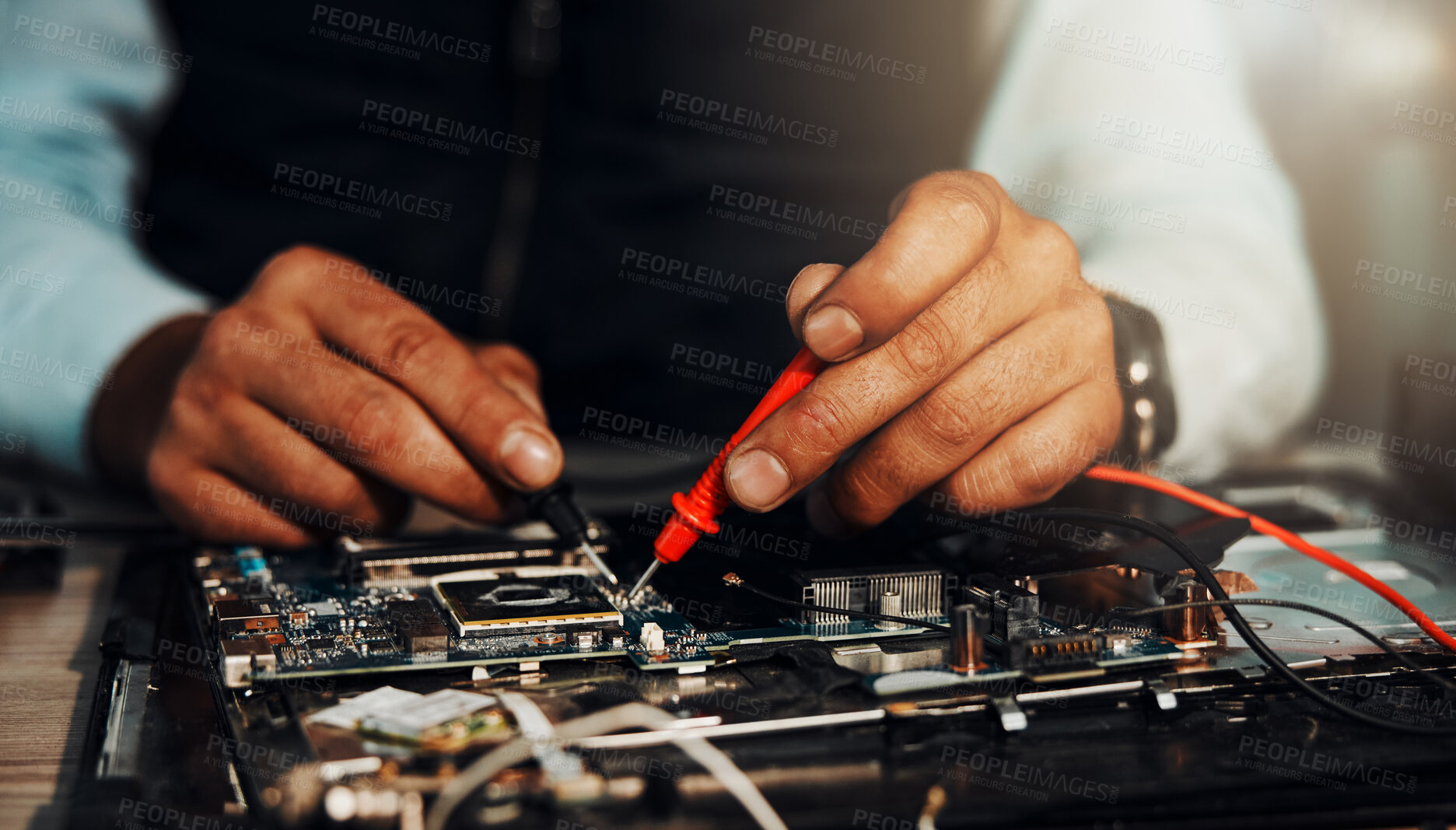 Buy stock photo Information technology hands, circuit board soldering or man repair hardware motherboard, electronics or semiconductor. CPU system maintenance, service industry or IT worker fix microchip in tech lab