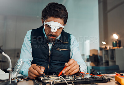 Buy stock photo Electric meter, motherboard and IT professional or engineer repair chip or electronic device in a workshop or shop. Person, man and guy fixing hardware of a computer for technology in a lab