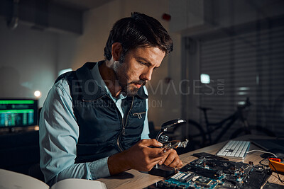 Buy stock photo Man, circuit and it repair workshop in night for maintenance, computer tech or industry with focus. Technician, motherboard and information technology in dark with electronics, engineering and tools