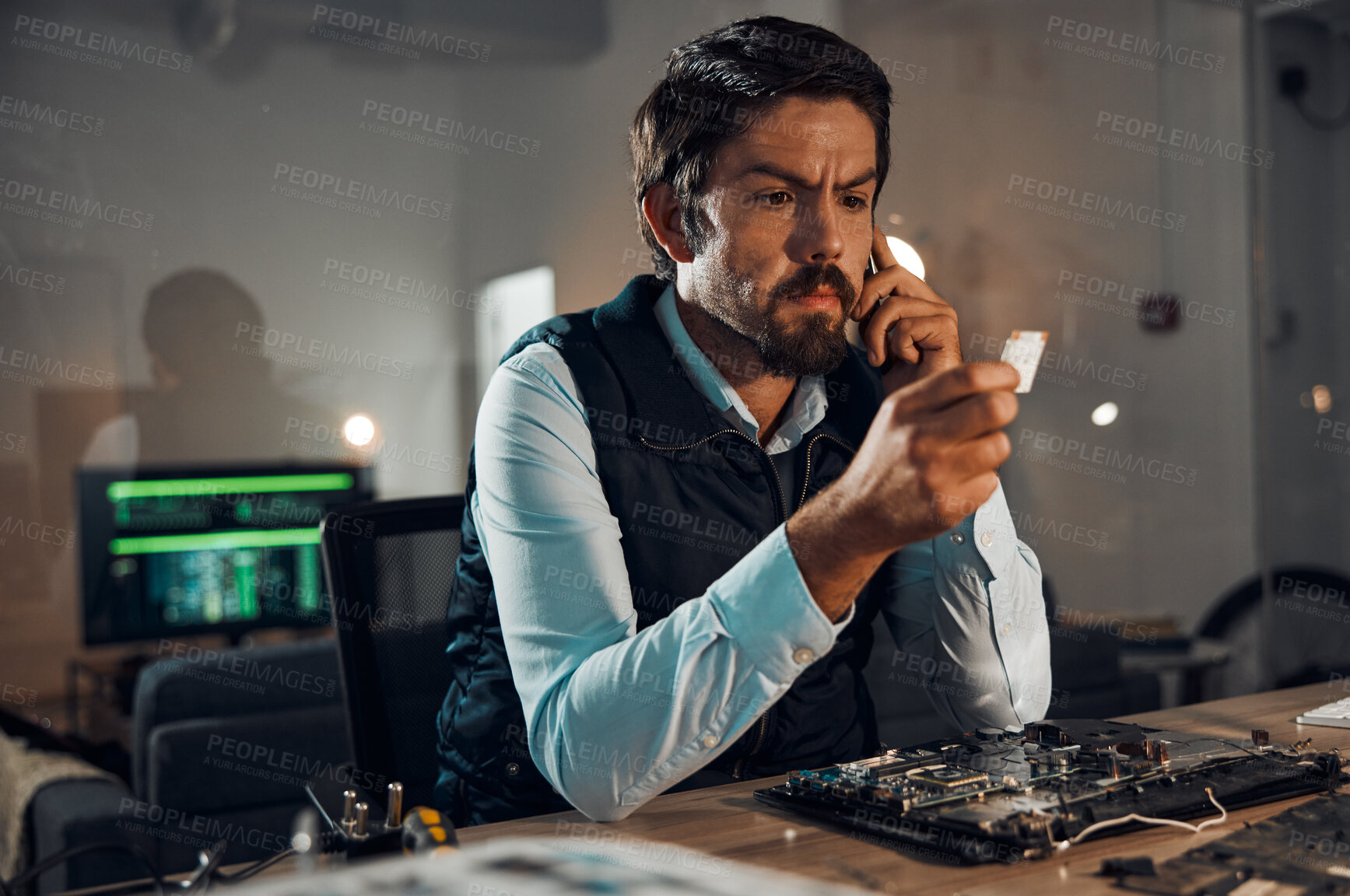 Buy stock photo Computer hardware repair, microchip and serious it worker thinking how to fix a motherboard. Engineering, workshop and electric work of a male engineer working with focus on electrical project