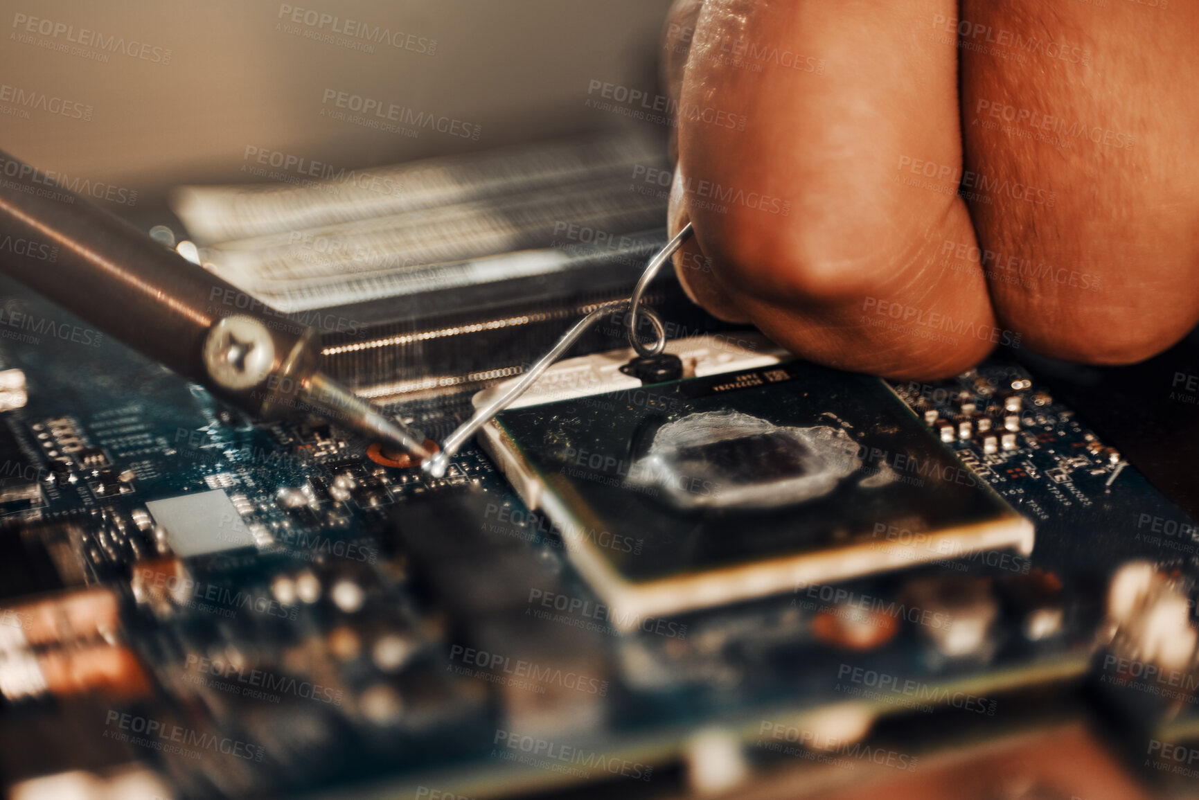 Buy stock photo Hands, motherboard soldering and man repair hardware circuit, electronics or semiconductor. CPU system maintenance, service industry closeup or information technology worker fix microchip in tech lab