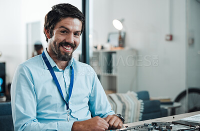 Buy stock photo Happy, smile and portrait of a technician in his office planning repairs or maintenance for software. Engineering, professional and male employee working on an it development or project in workplace.