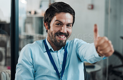 Buy stock photo Man, it or programmer thumbs up for computer fix success,  engineering service vote or workshop goals. Smile, happy or CPU technician with thumb, yes or target achievement in information technology