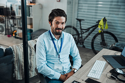 Buy stock photo Man, portrait and IT technician in an office for computer software, technology or problem solving at desk. Happy engineer person doing maintenance, programming and digital development project