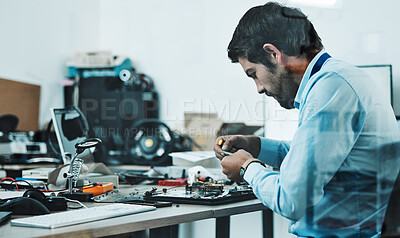 Buy stock photo Information technology, motherboard hardware circuit and man repair computer, electronics or semiconductor. CPU system maintenance, service industry profile and IT worker fixing microchip in tech lab