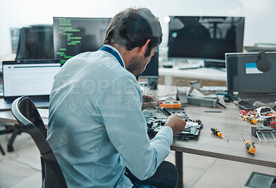 Buy stock photo Man, it and technician fixing motherboard in engineering workshop for PC database update. Worker, CPU and circuit board for repair, maintenance or software upgrade in information technology industry