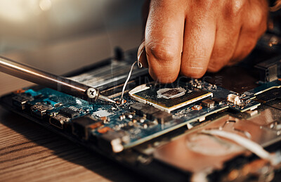 Information technology hands, motherboard soldering and man repair hardware circuit, electronics or semiconductor. CPU system maintenance, service industry and IT worker fixing microchip in tech lab