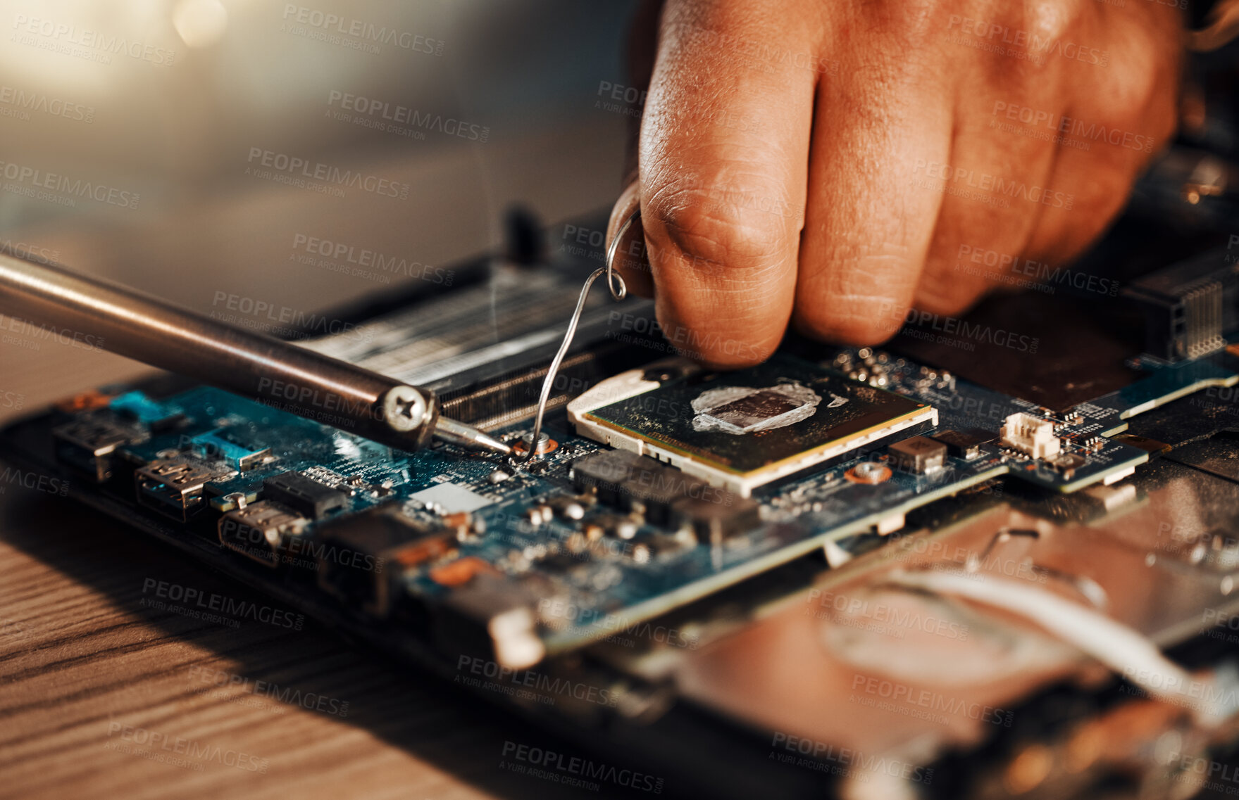 Buy stock photo Information technology hands, motherboard soldering and man repair hardware circuit, electronics or semiconductor. CPU system maintenance, service industry and IT worker fixing microchip in tech lab