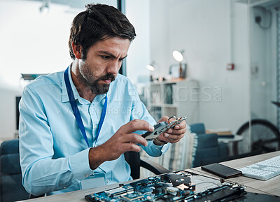 Buy stock photo Man, circuit and hard drive in repair workshop for maintenance, computer tech or industry with focus. Technician, motherboard and information technology at desk for electronics, engineering and tools