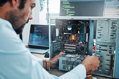 Buy stock photo It technician, engineer and computer hardware with a man working to fix or maintenance technology. Hands of expert IT person in office data center for system repair, engineering or motherboard update