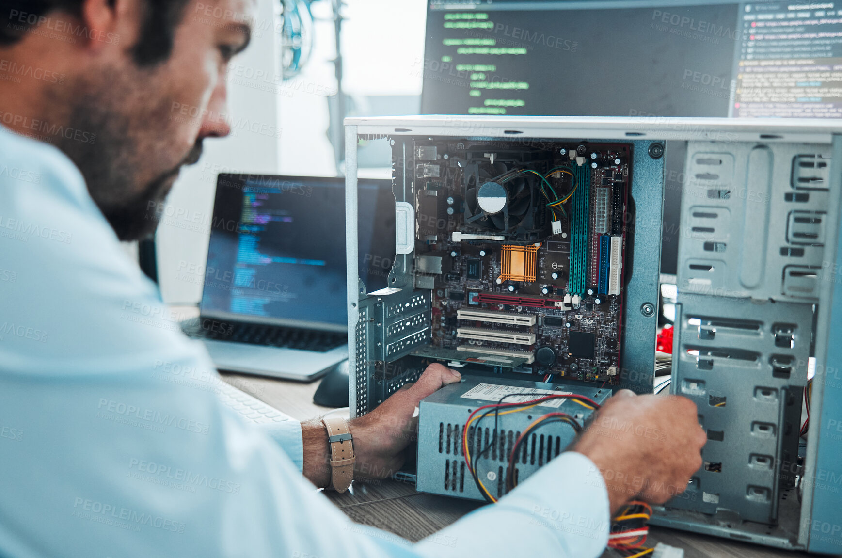 Buy stock photo It technician, engineer and computer hardware with a man working to fix or maintenance technology. Hands of expert IT person in office data center for system repair, engineering or motherboard update