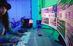 Hacker, computer screen or neon coding on cybersecurity ransomware, SEO night phishing or code programming. Programmer, developer or woman on technology for dark web software, iot bug or safety scam